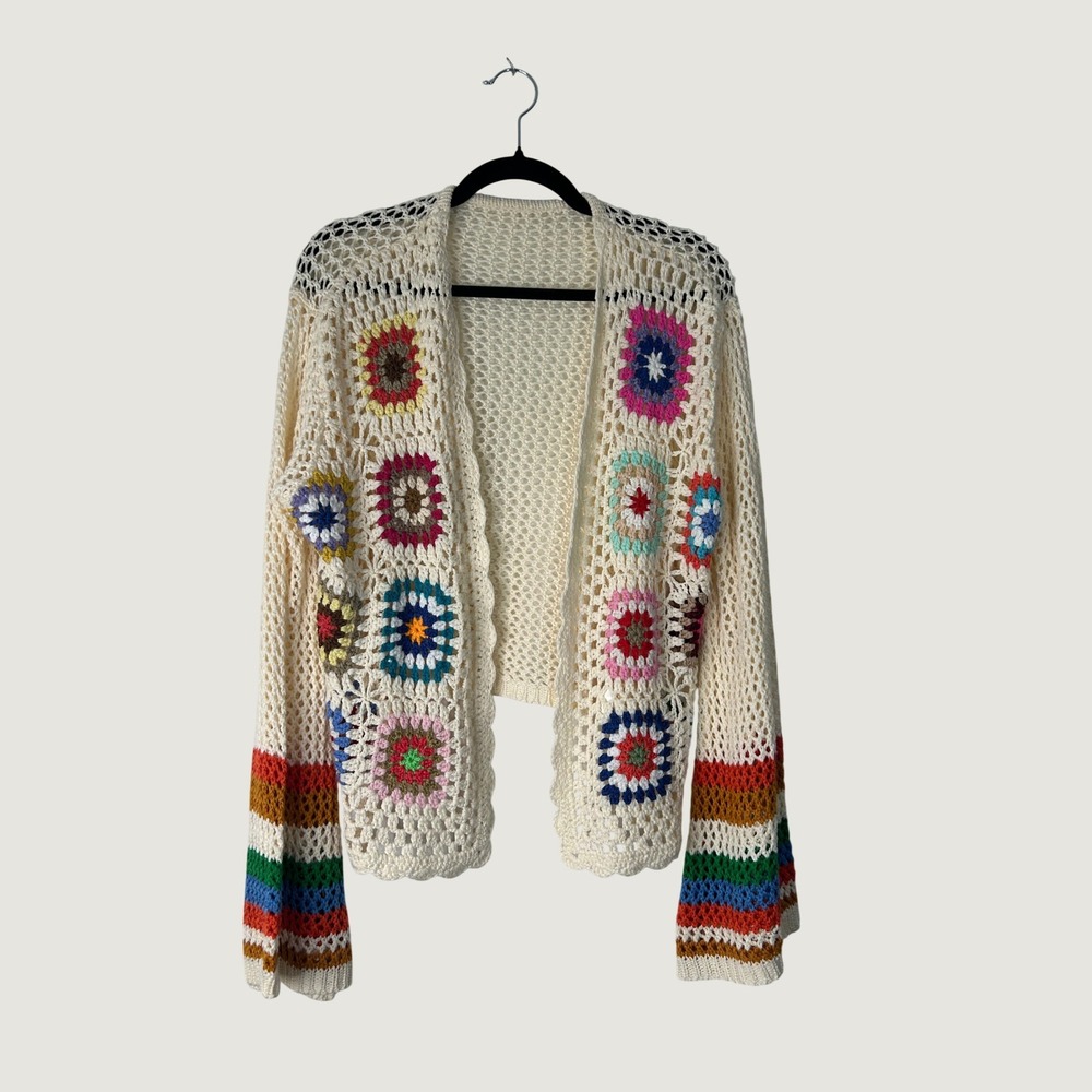 Womens Granny Square Crochet Cardigan XL Cream Multi Open Knit Bell Sleeve Boho